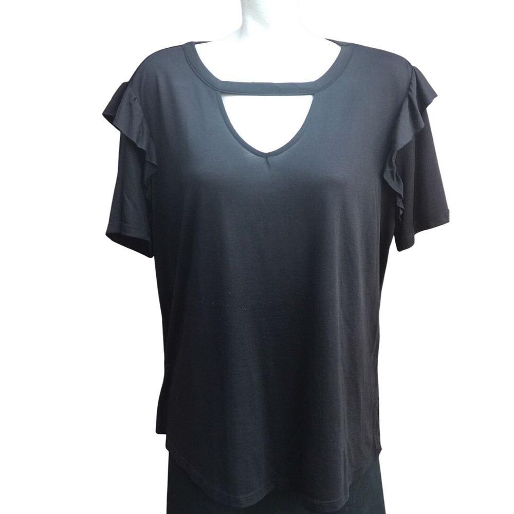 Black Ruffle‎ Sleeve Cutout Neck T-Shirt Blouse Top 1X